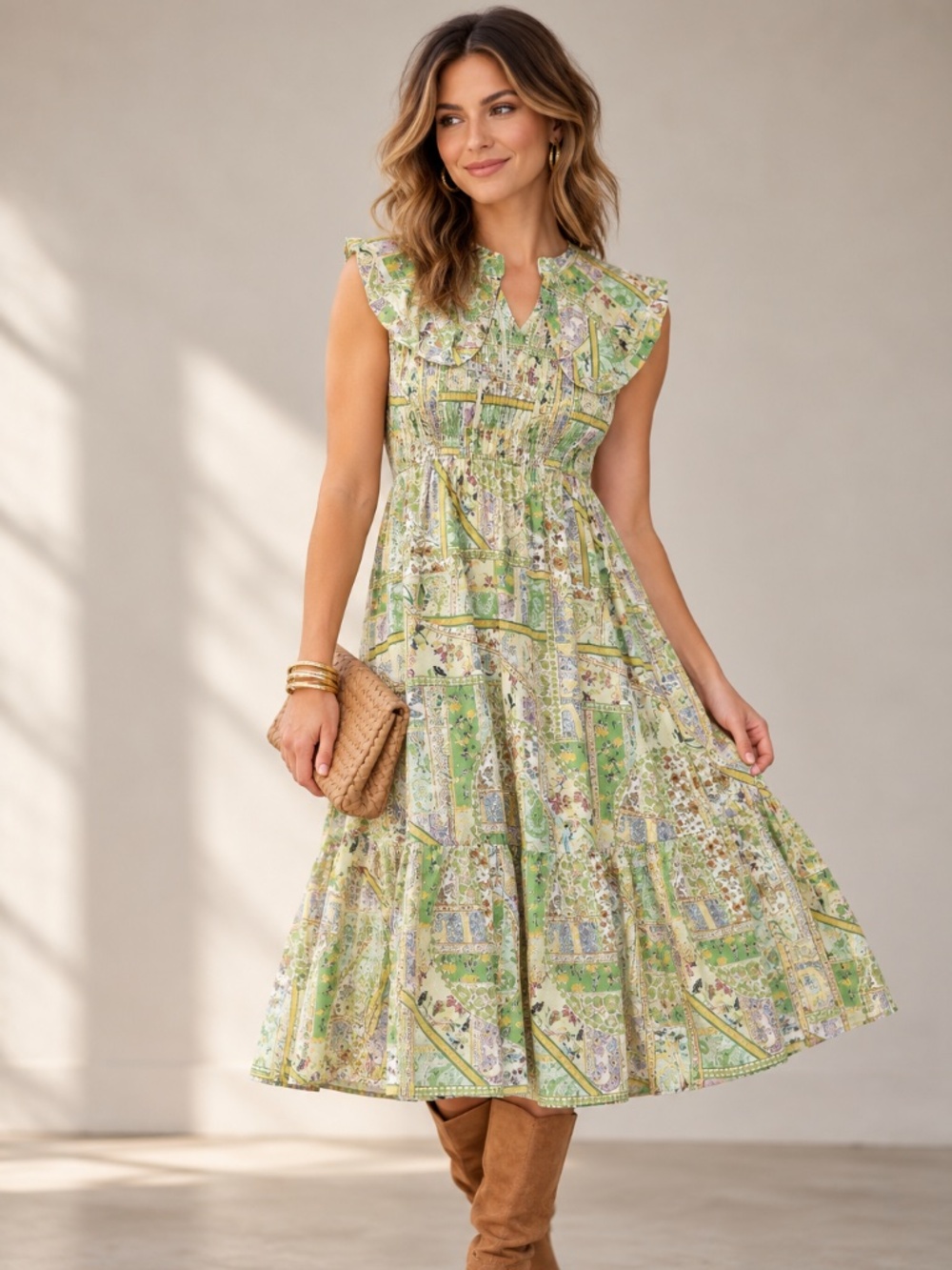 Umgee NWT Boho Green Patchwork Floral Smocked Ruffle Midi Dress S M L